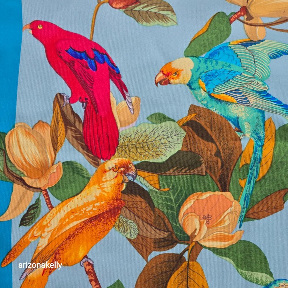 Vintage Silk Scarf Parrots Bird Hand Rolled Edges - Picture 10 of 16
